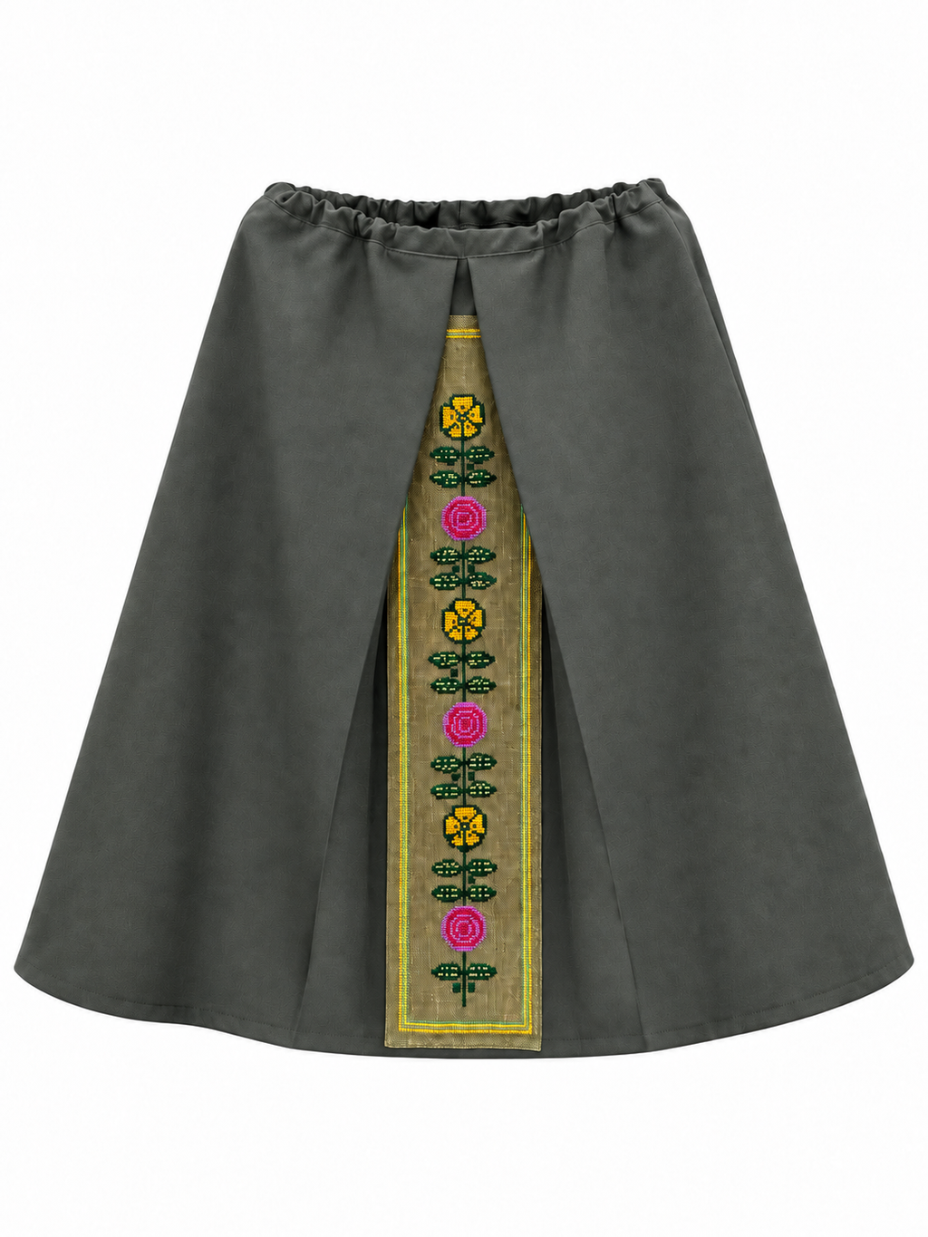 Muted grey-green wool skirt with a central Moldovan floral embroidery panel, front view
