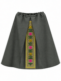Muted grey-green wool skirt with a central Moldovan floral embroidery panel, front view