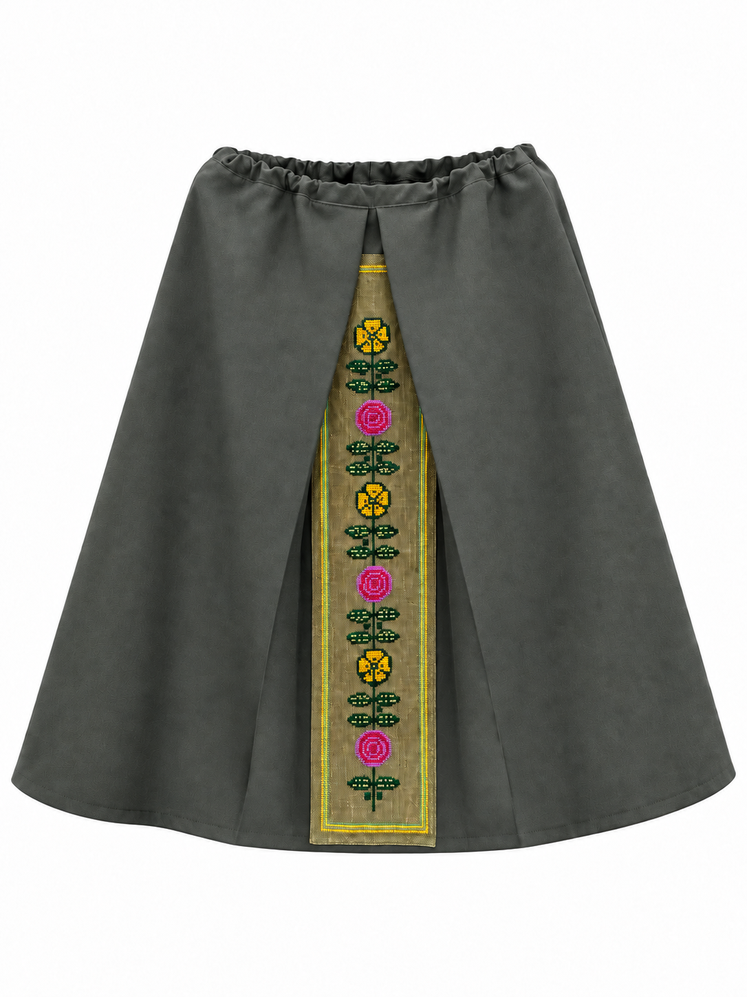 Muted grey-green wool skirt with a central Moldovan floral embroidery panel, front view