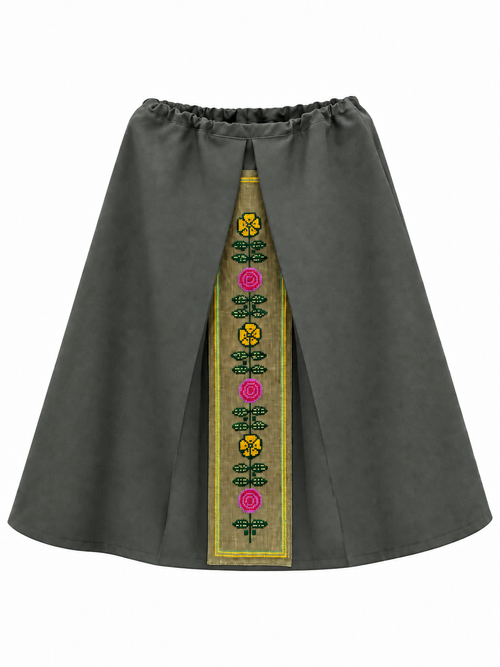 Muted grey-green wool skirt with a central Moldovan floral embroidery panel, front view