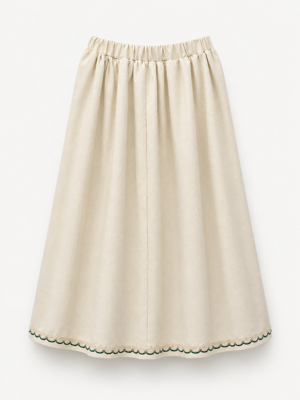 Cream skirt with green crocheted motifs and a delicate lace-trimmed hem