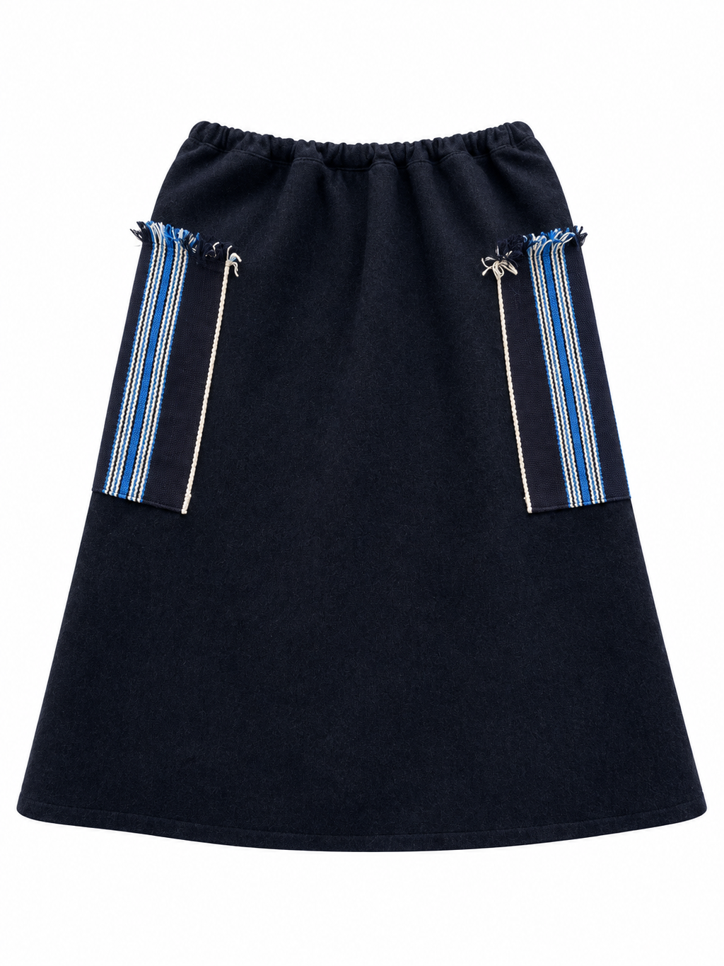Back of dark wool skirt with striped side panels