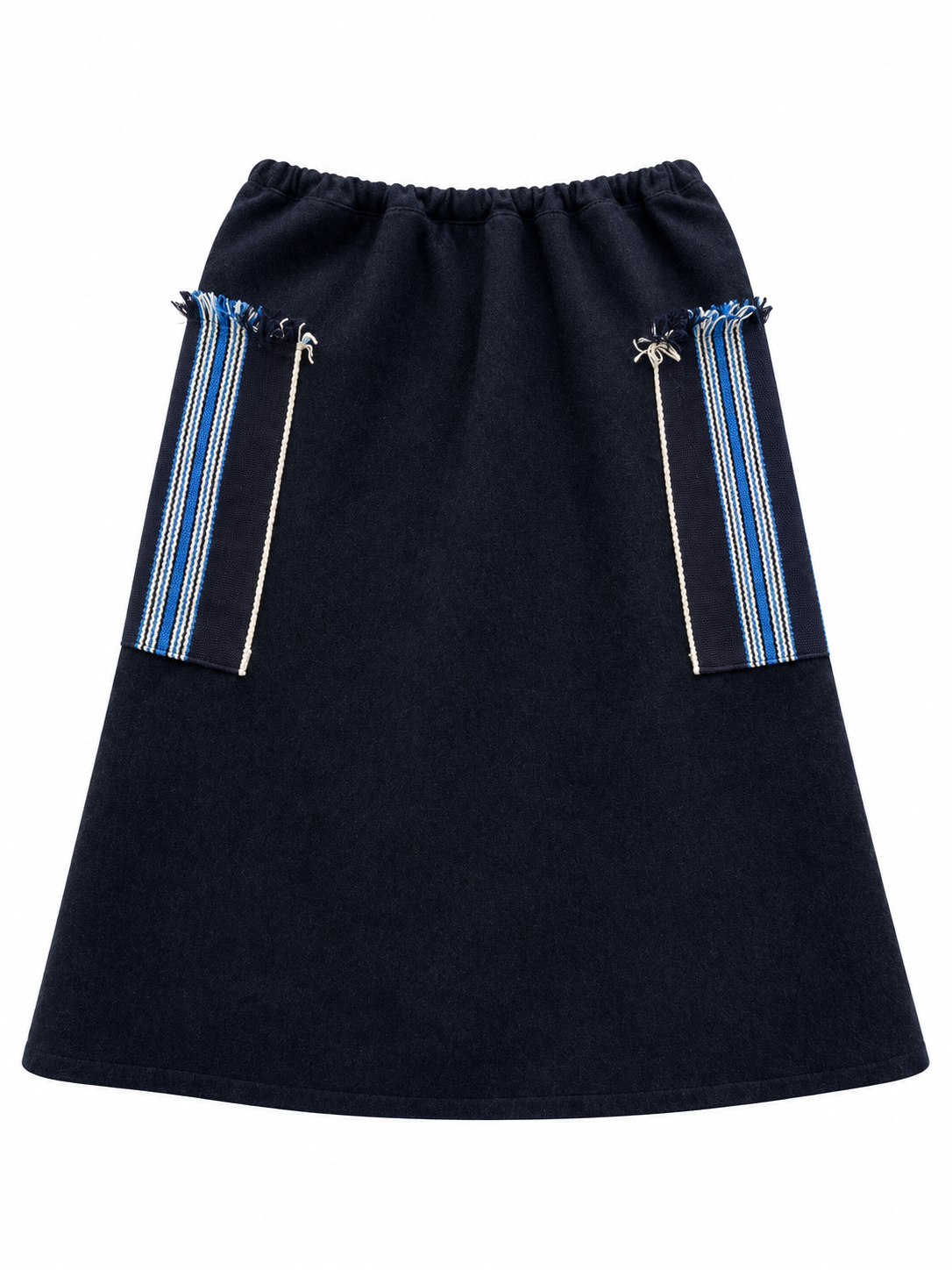 Back of dark wool skirt with striped side panels