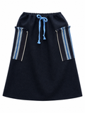 Dark wool skirt with blue tie and blue-and-cream striped woven side panels, front view