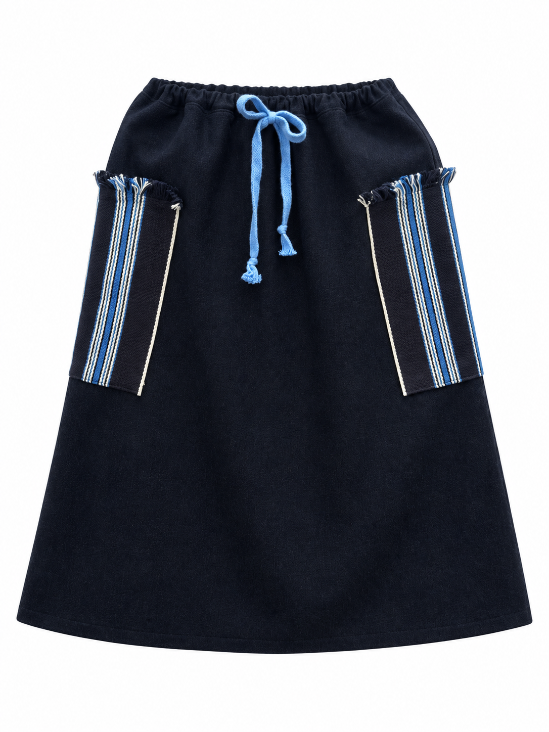 Dark wool skirt with blue tie and blue-and-cream striped woven side panels, front view