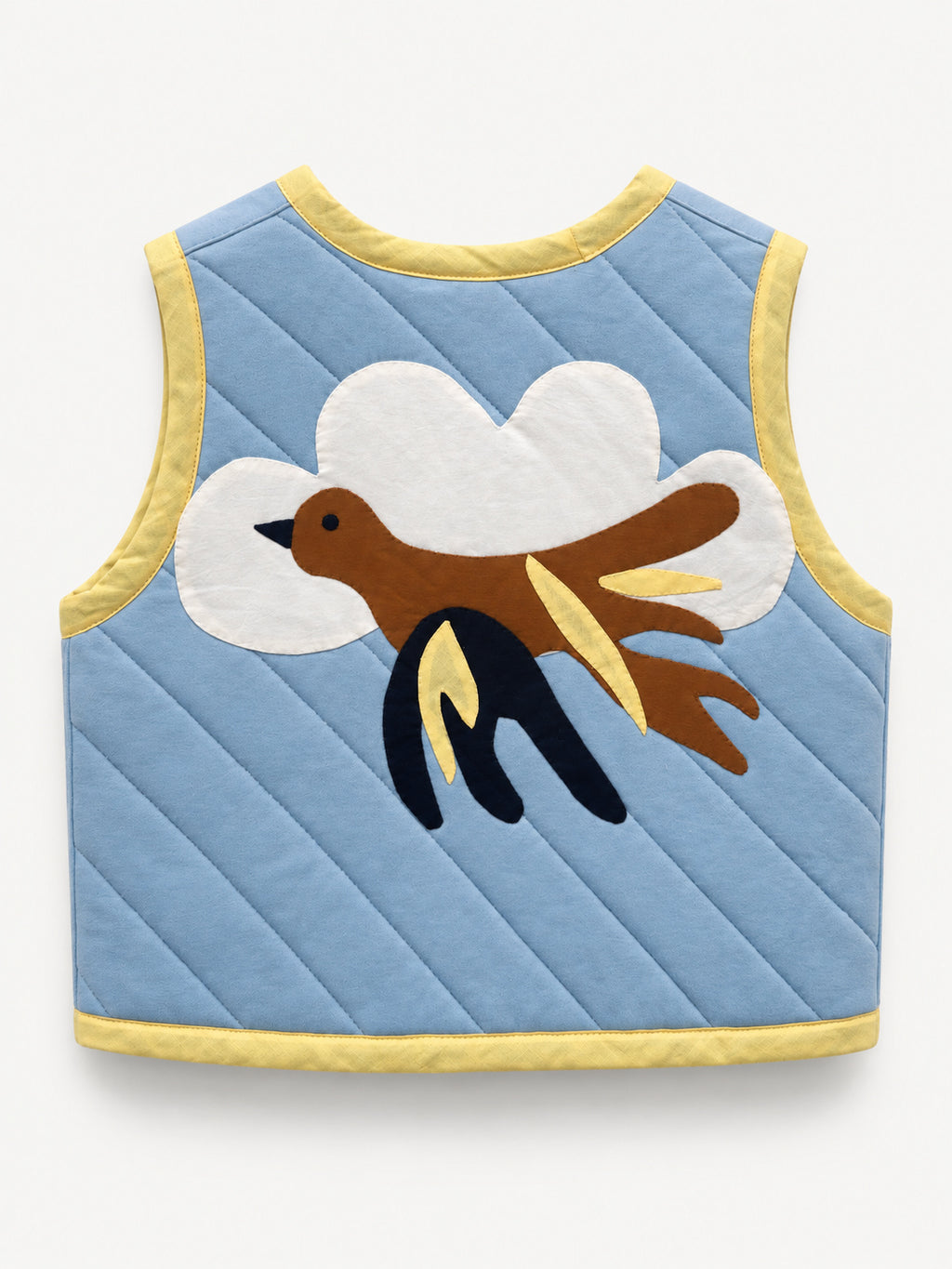 A Pocket of Sky Vest — full back view with flying bird and cloud appliqué