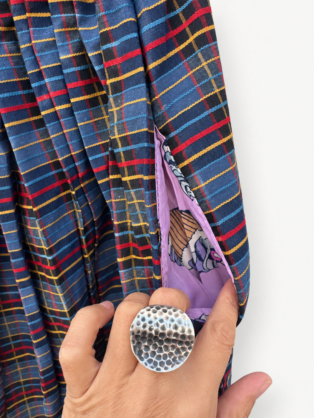 After School skirt — elastic waistband, checked fabric and patterned pocket details