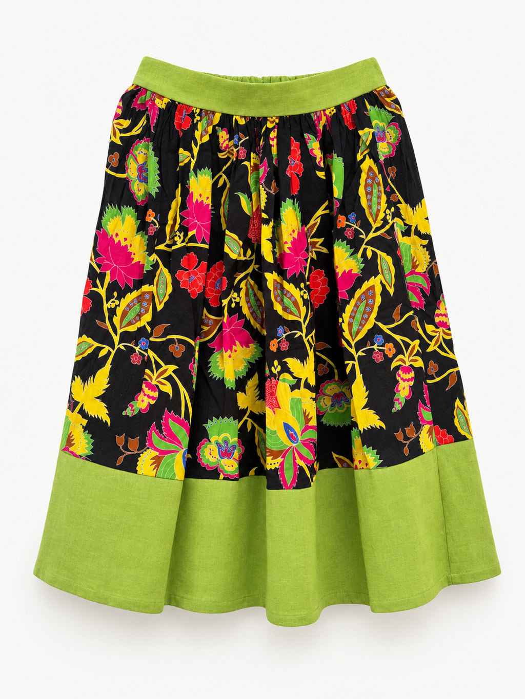 Black floral skirt with colourful flowers, a lime-green waistband and a wide lime-green hem