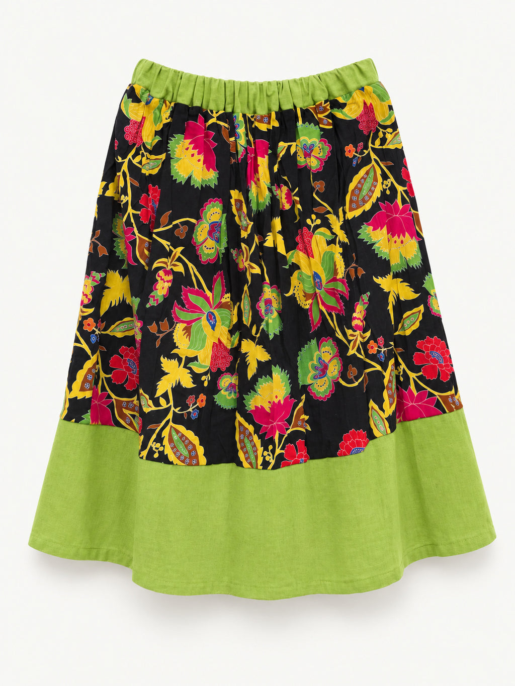 Black floral skirt with colourful flowers, a lime-green waistband and a wide lime-green hem