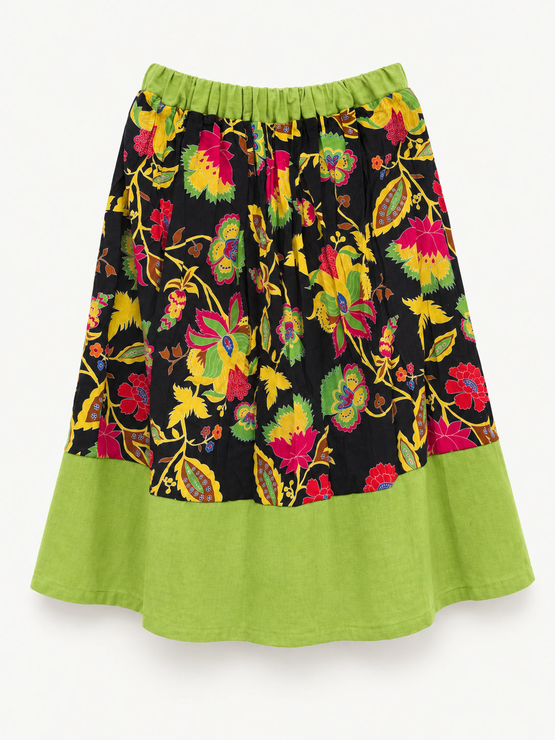 Black floral skirt with colourful flowers, a lime-green waistband and a wide lime-green hem