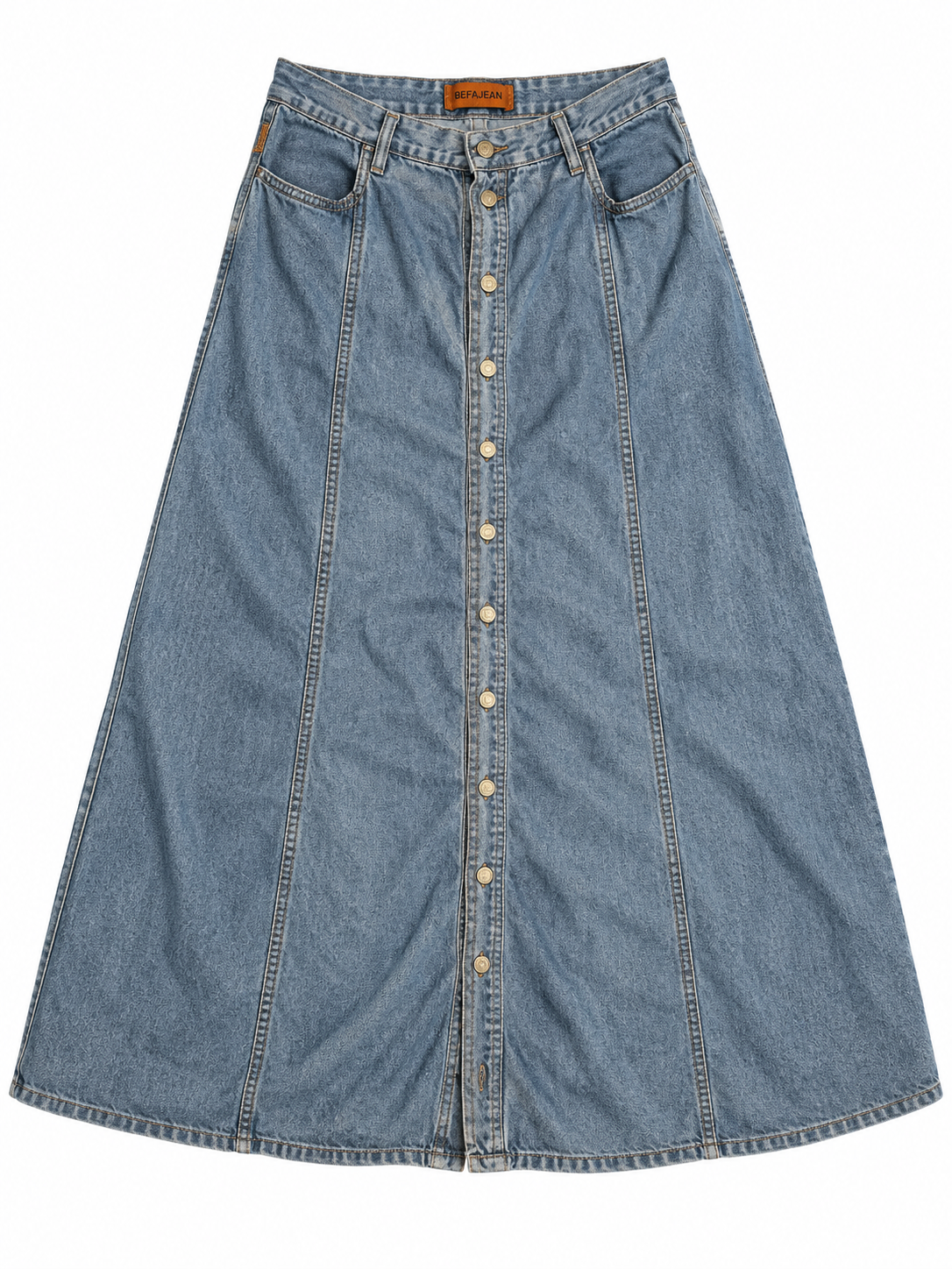 BEFA Jeans long washed-blue denim skirt, full front on white background