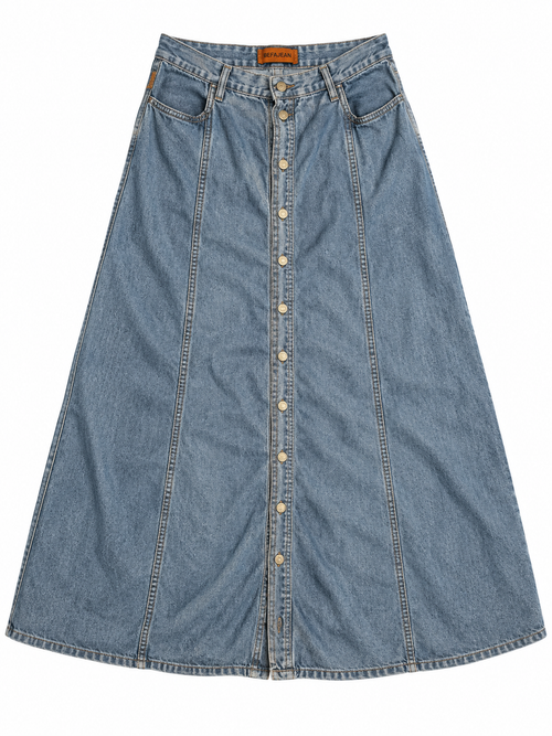 BEFA Jeans long washed-blue denim skirt, full front on white background