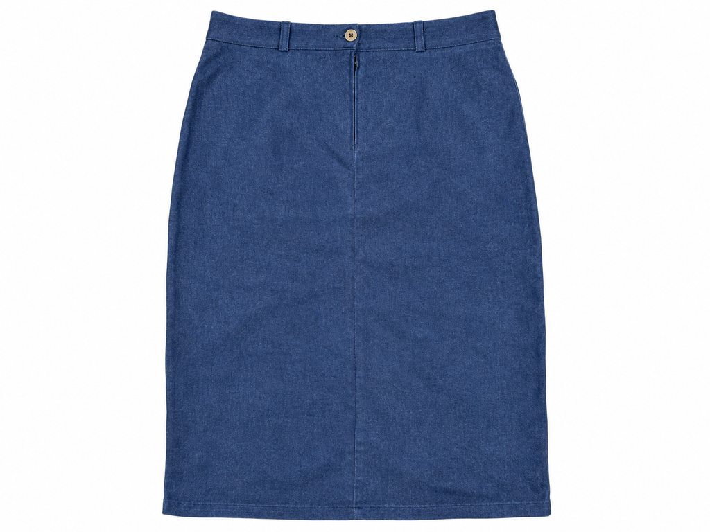 Blue denim skirt back with button and zip fastening