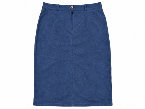 Blue denim skirt back with button and zip fastening