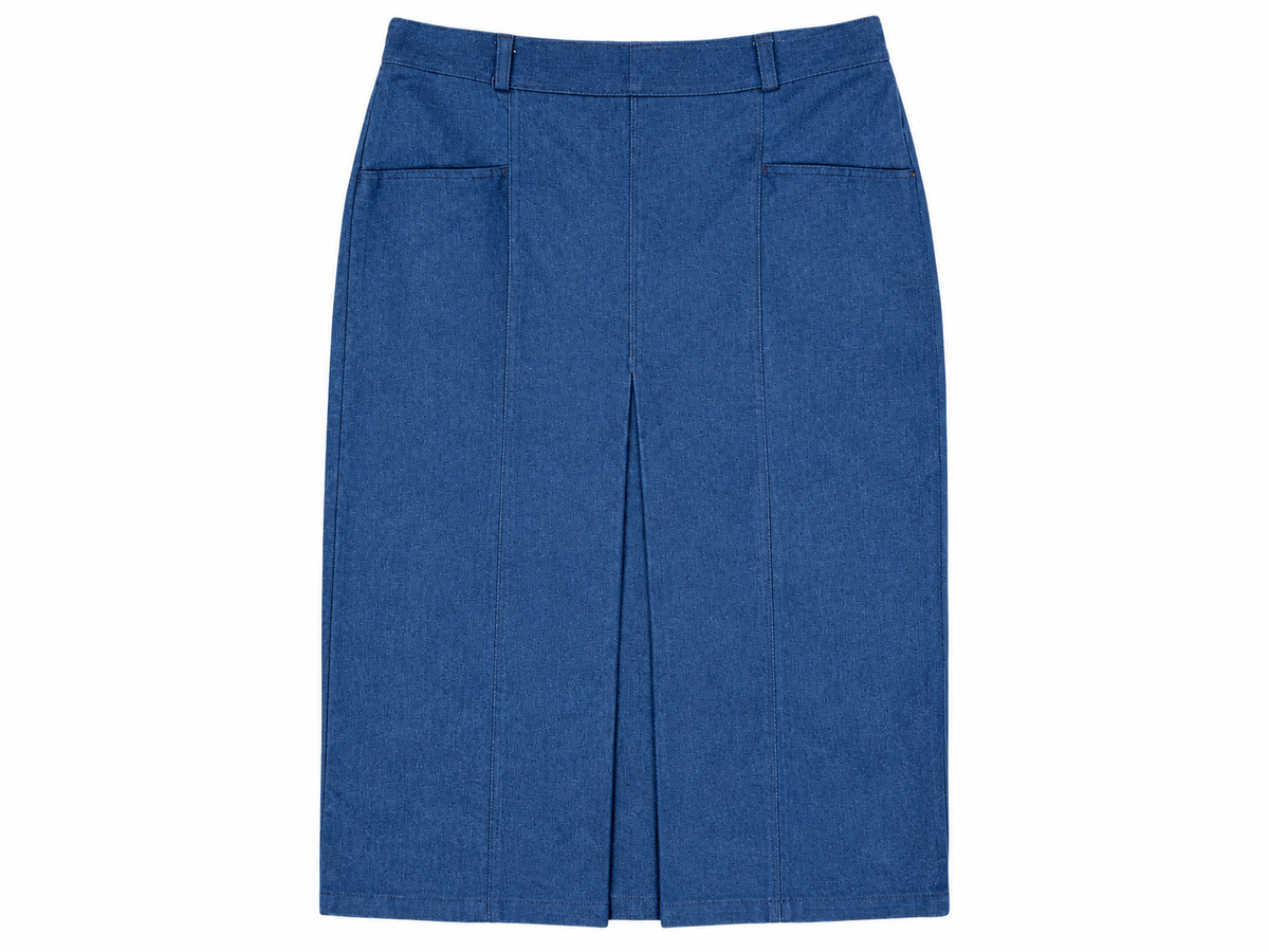 Blue denim skirt front with inverted pleat and hip pockets