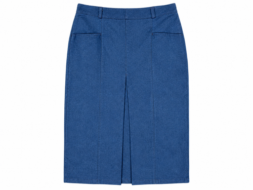 Blue denim skirt front with inverted pleat and hip pockets