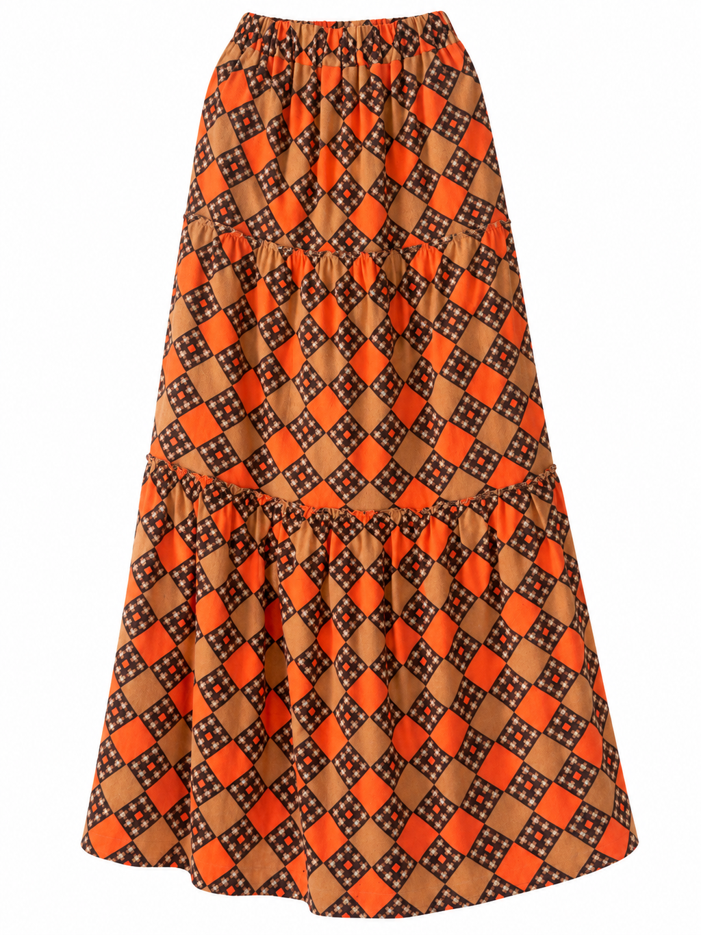 Calendula Soviet baika skirt in orange, camel and brown geometric print — front view