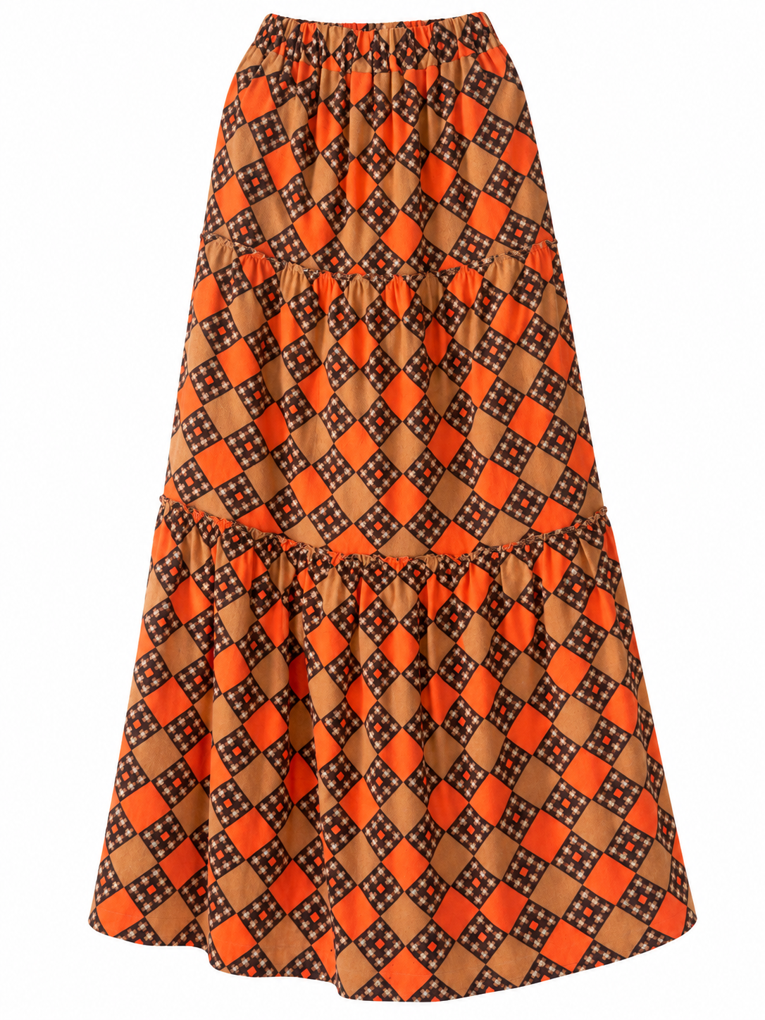Calendula Soviet baika skirt in orange, camel and brown geometric print — front view