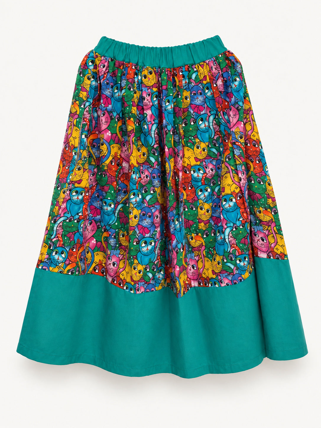 Colourful cat-print skirt with a turquoise waistband and wide turquoise hem