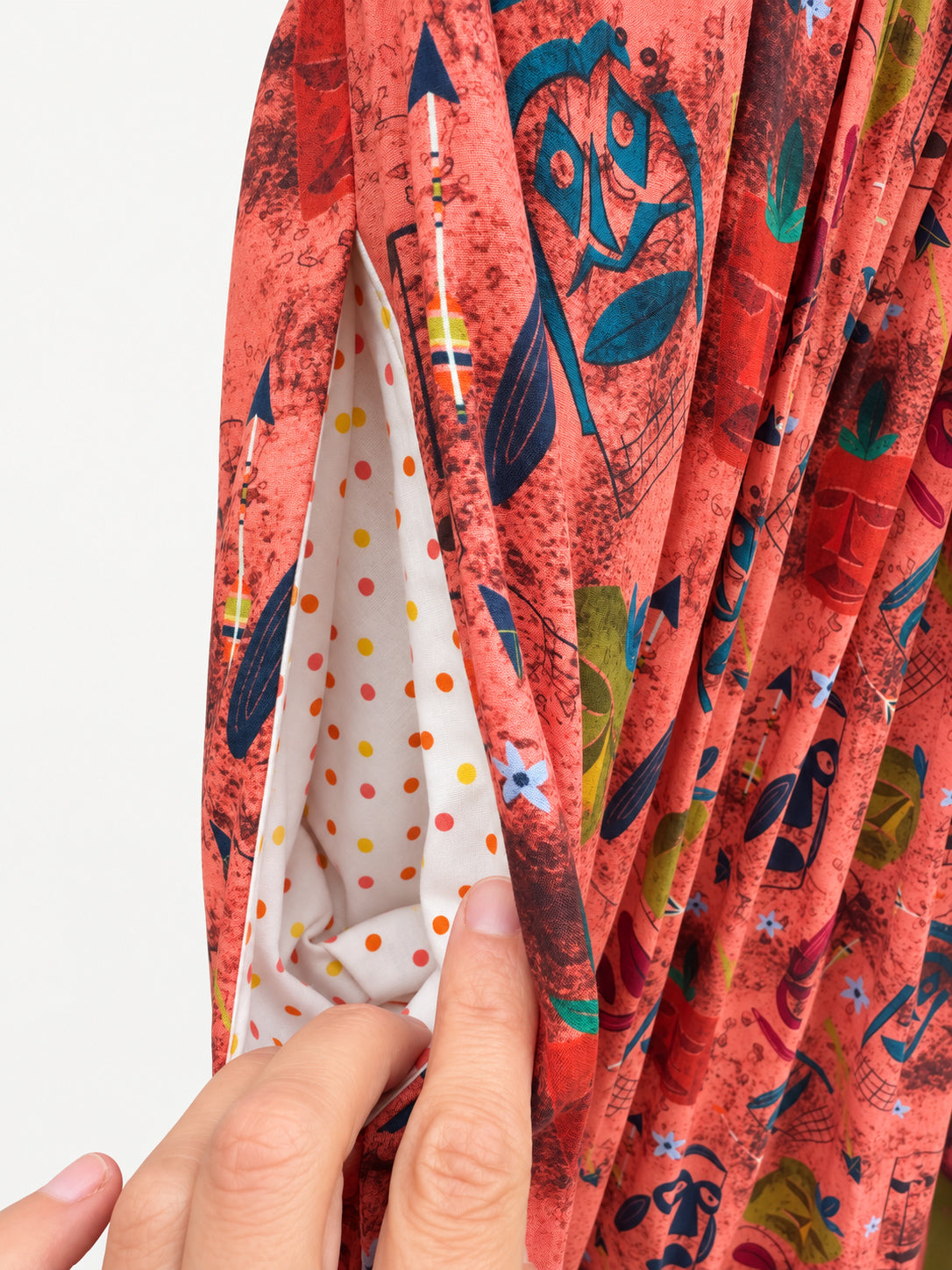 Coral and Olive Skirt — polka-dot pocket lining