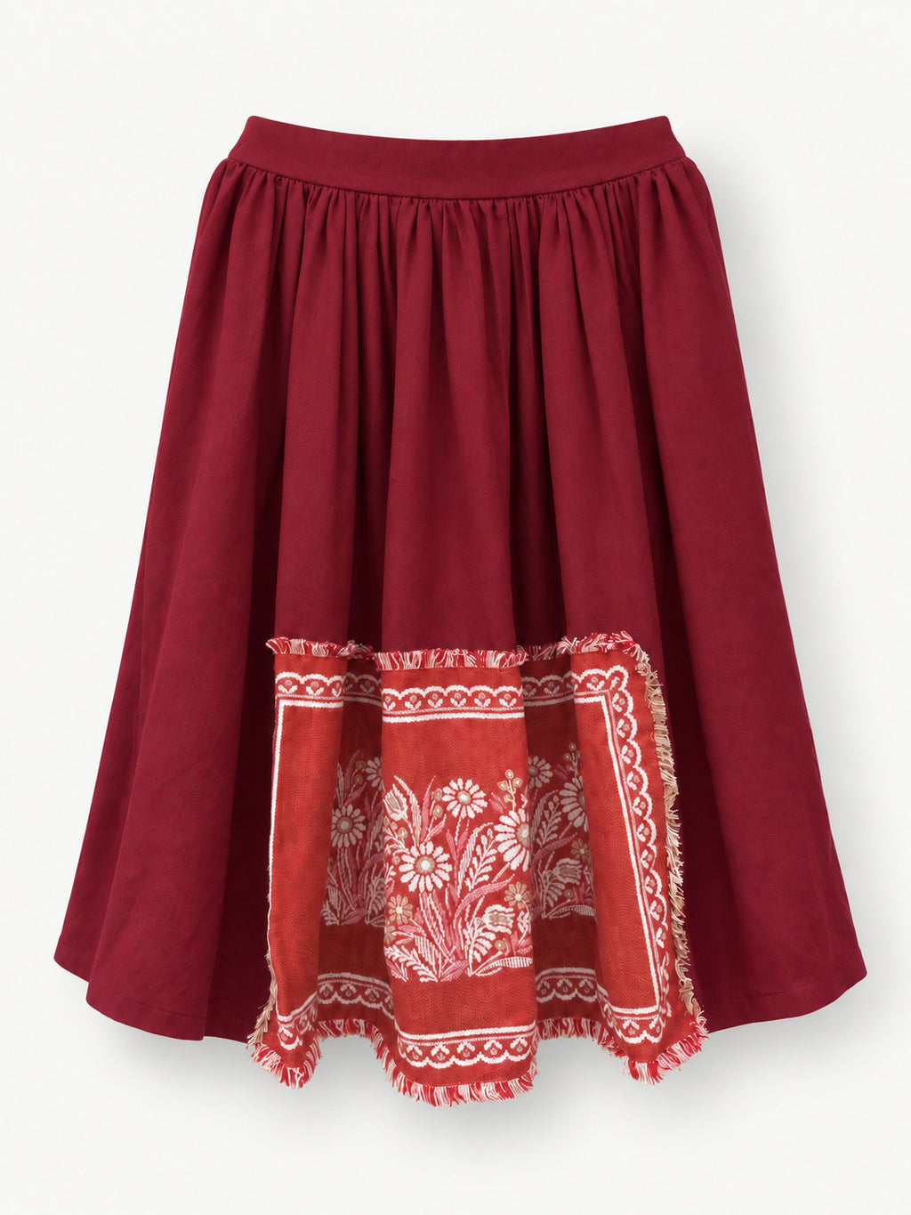 Daisies from Cologne — deep-red skirt with a vintage daisy napkin panel