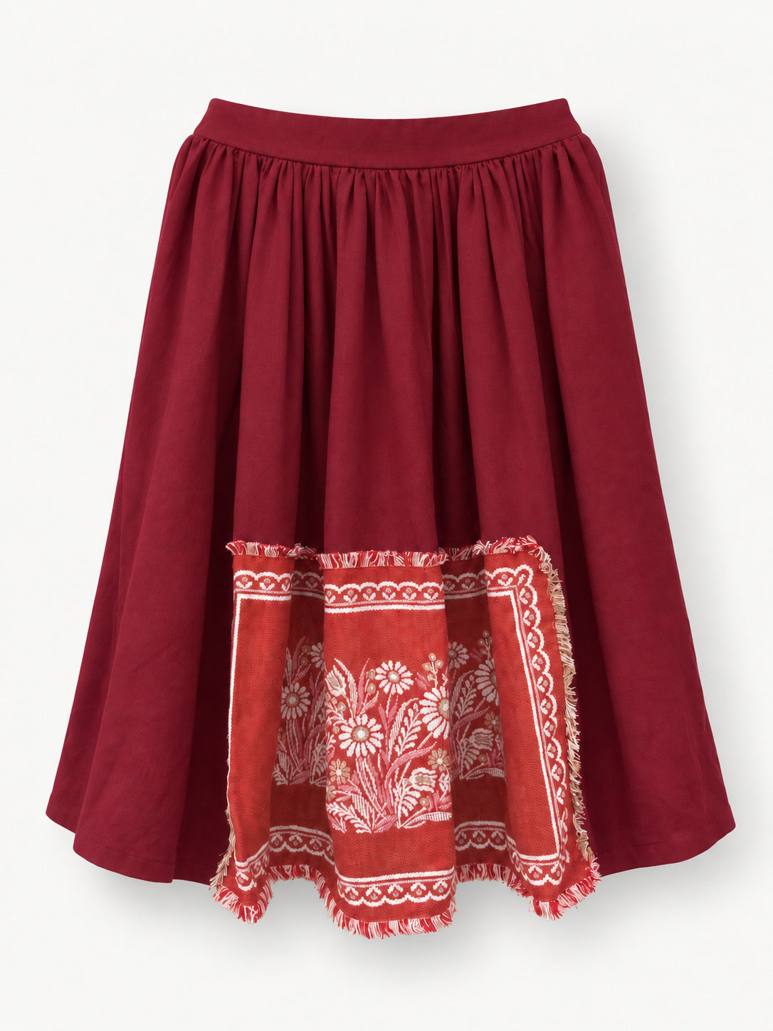 Daisies from Cologne — deep-red skirt with a vintage daisy napkin panel