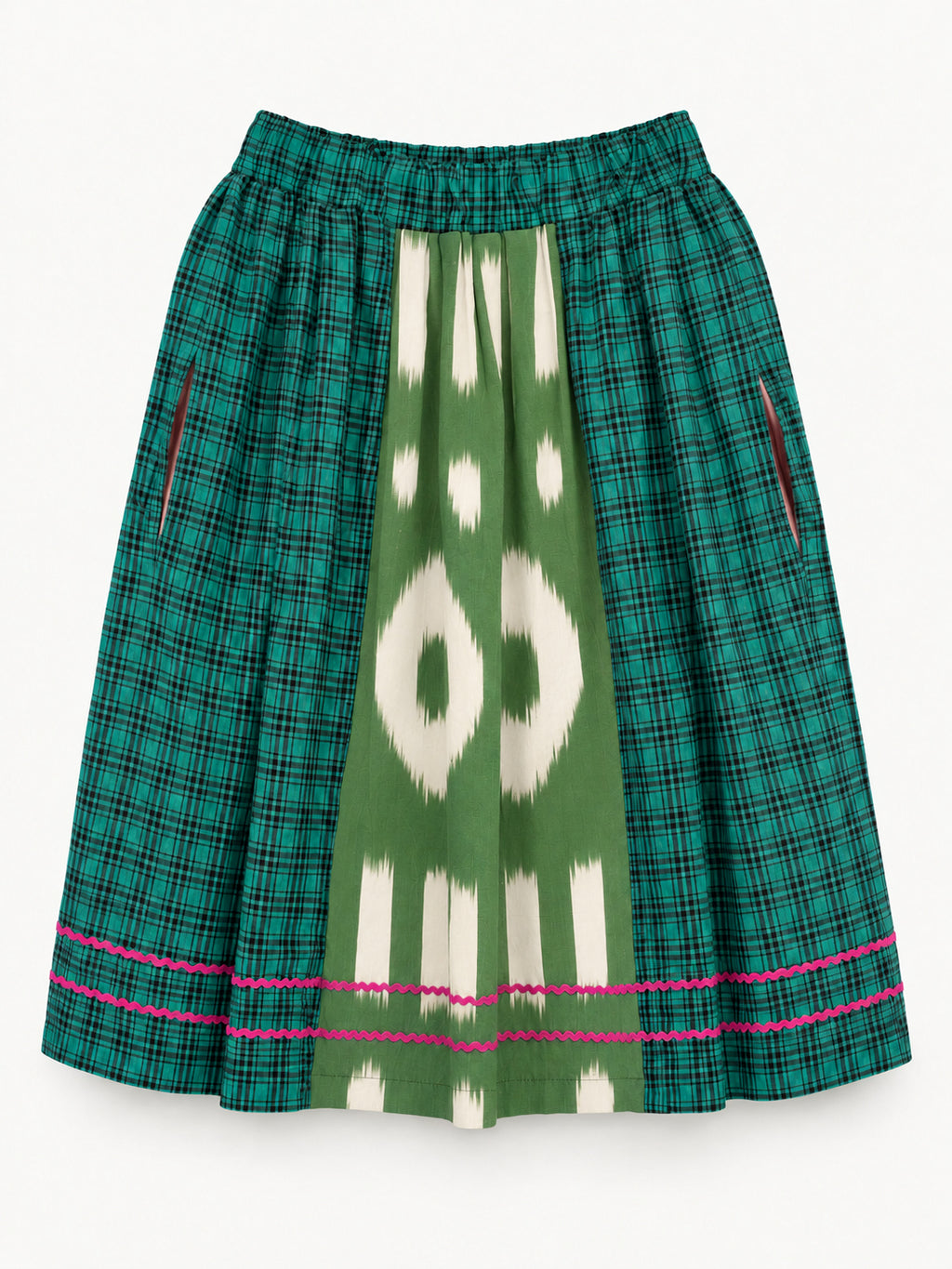 Green checked skirt with a green-and-cream ikat panel and pink rickrack trim