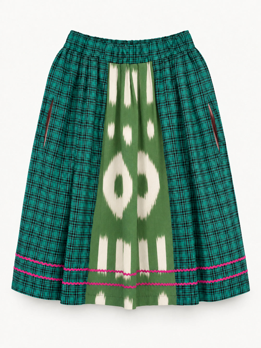 Green checked skirt with a green-and-cream ikat panel and pink rickrack trim