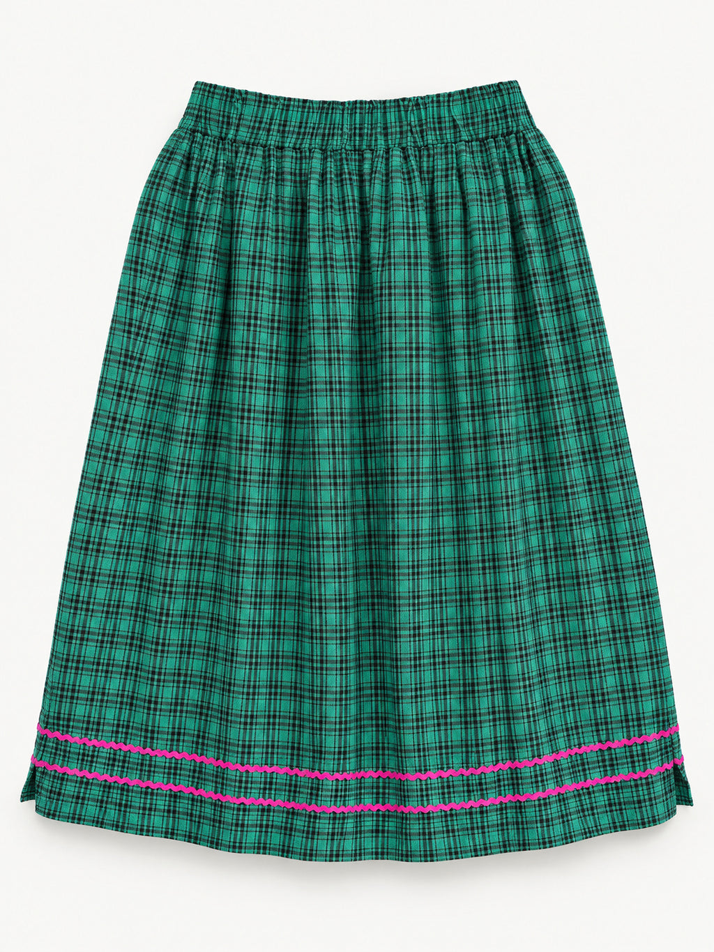 Green checked skirt with a green-and-cream ikat panel and pink rickrack trim