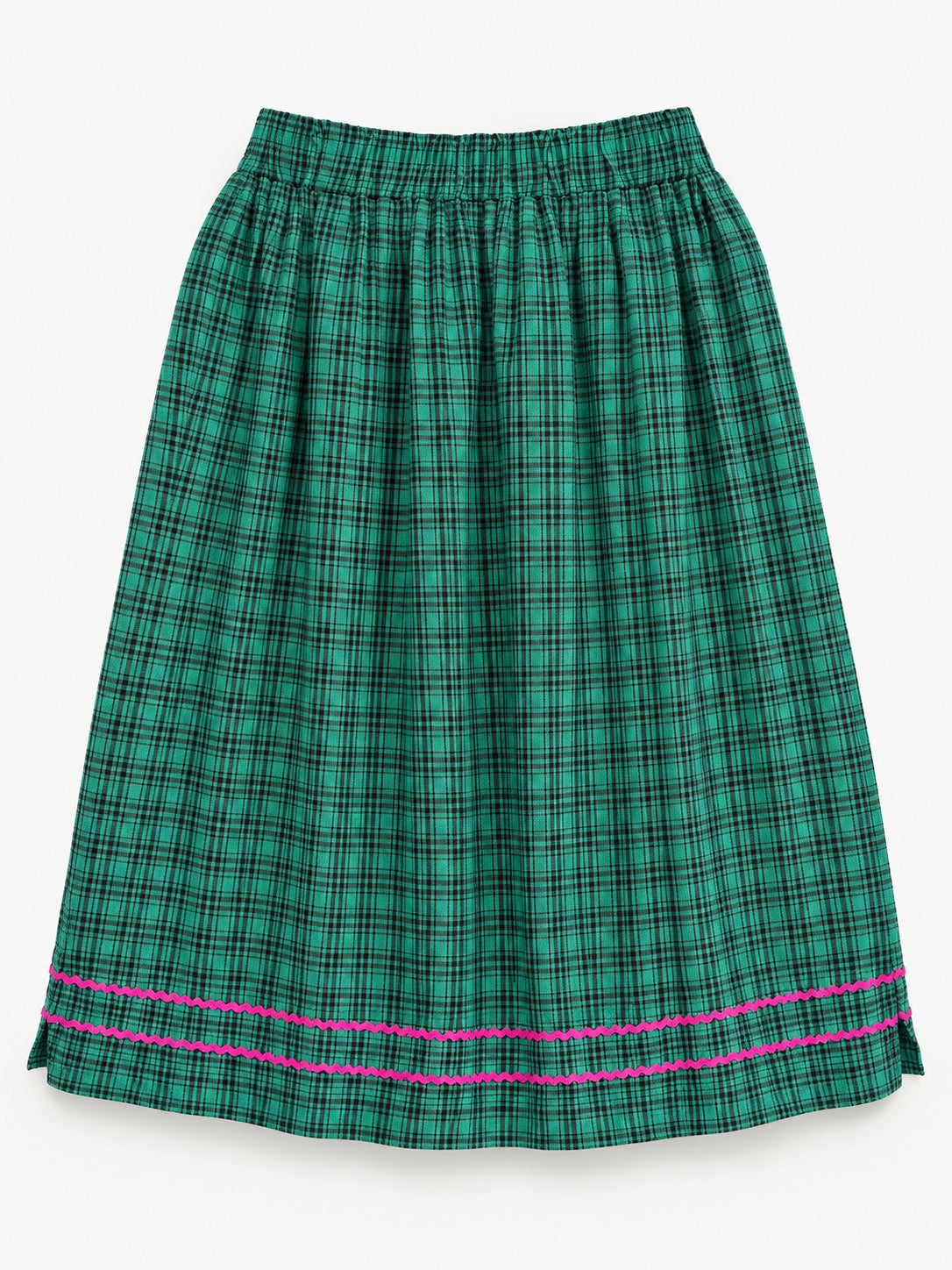 Green checked skirt with a green-and-cream ikat panel and pink rickrack trim