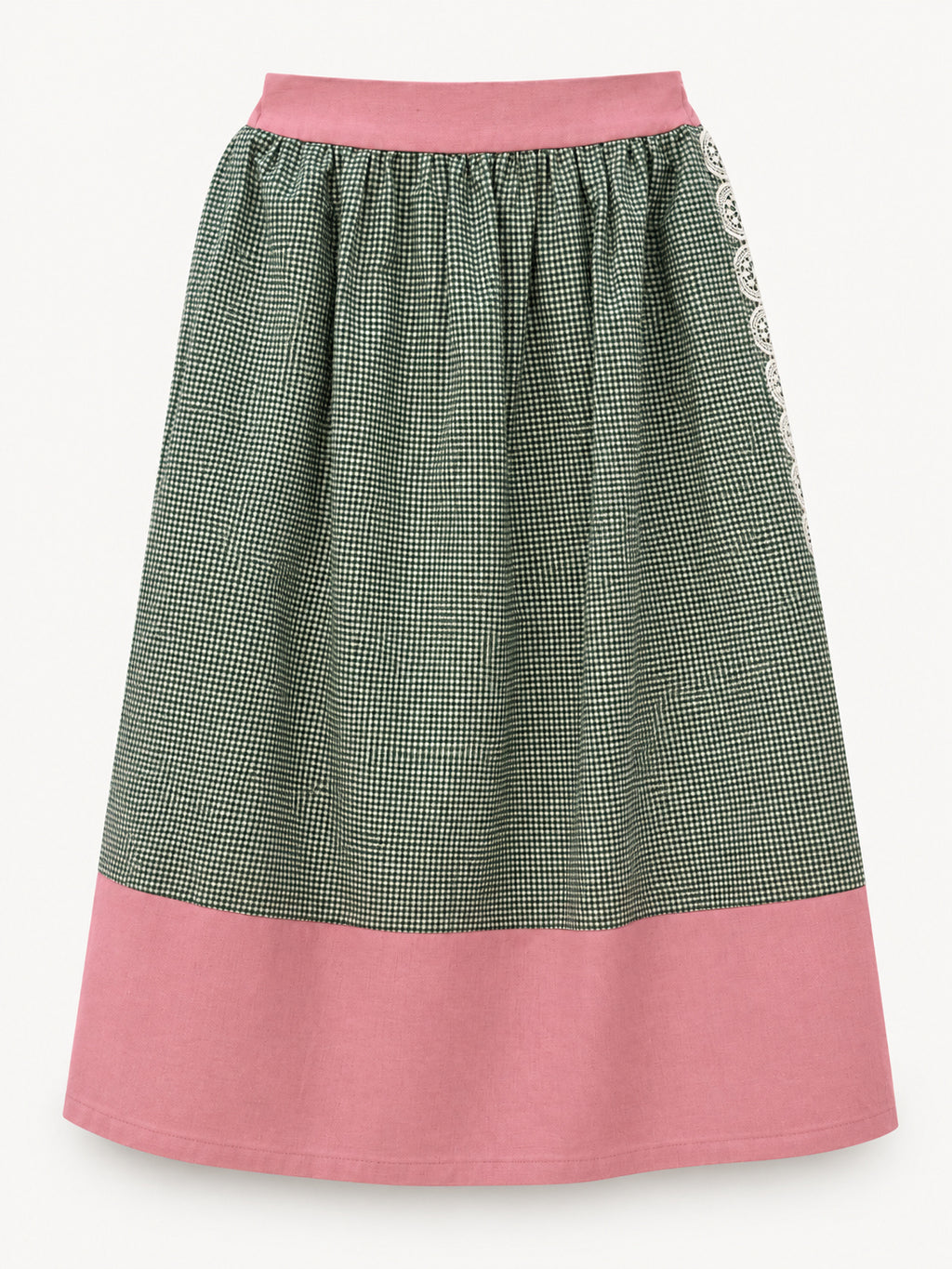 Enough Together skirt — green checks with dusty-pink waistband and hem