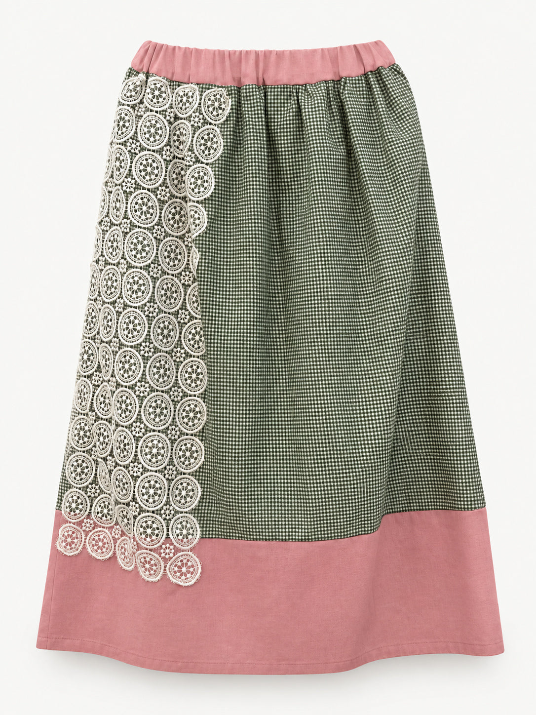 Enough Together skirt — vintage curtain lace panel over green checks