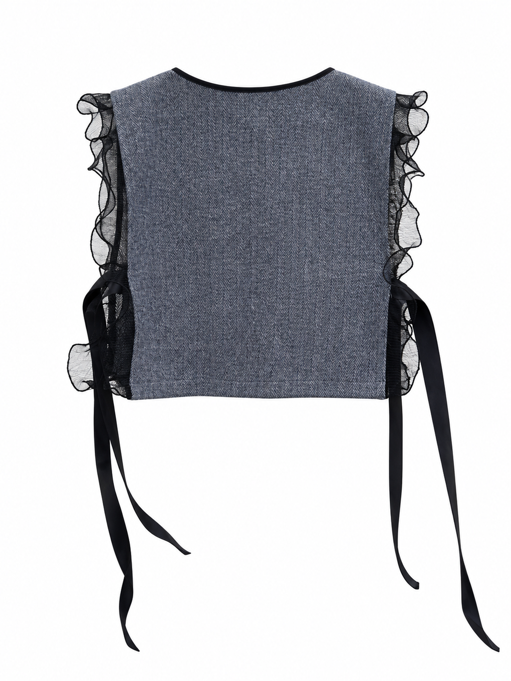 Plain herringbone back of the vest with black ruffles and ribbons