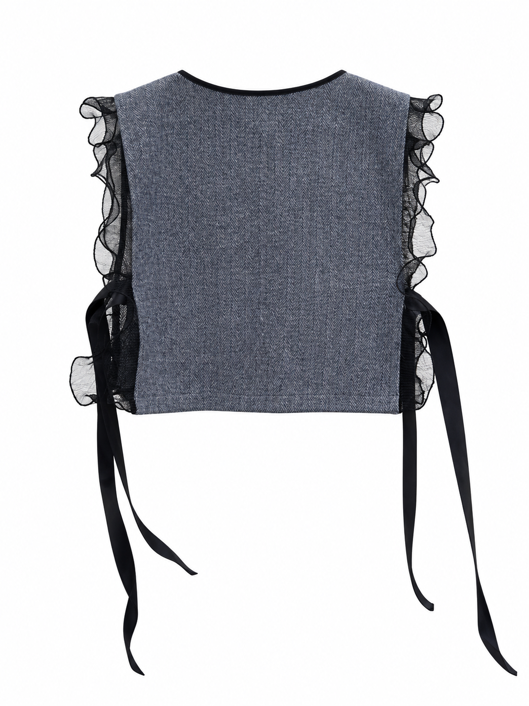 Plain herringbone back of the vest with black ruffles and ribbons