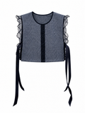 Grey-blue herringbone vest with sheer black ruffles and long side ribbons, front view