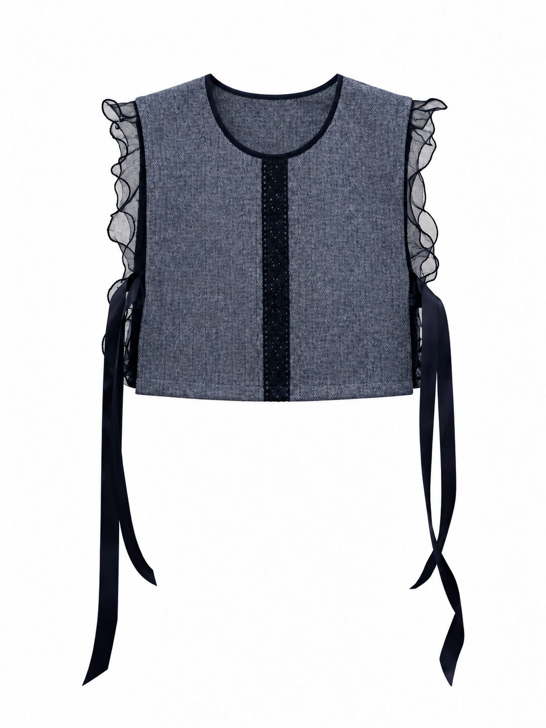 Grey-blue herringbone vest with sheer black ruffles and long side ribbons, front view