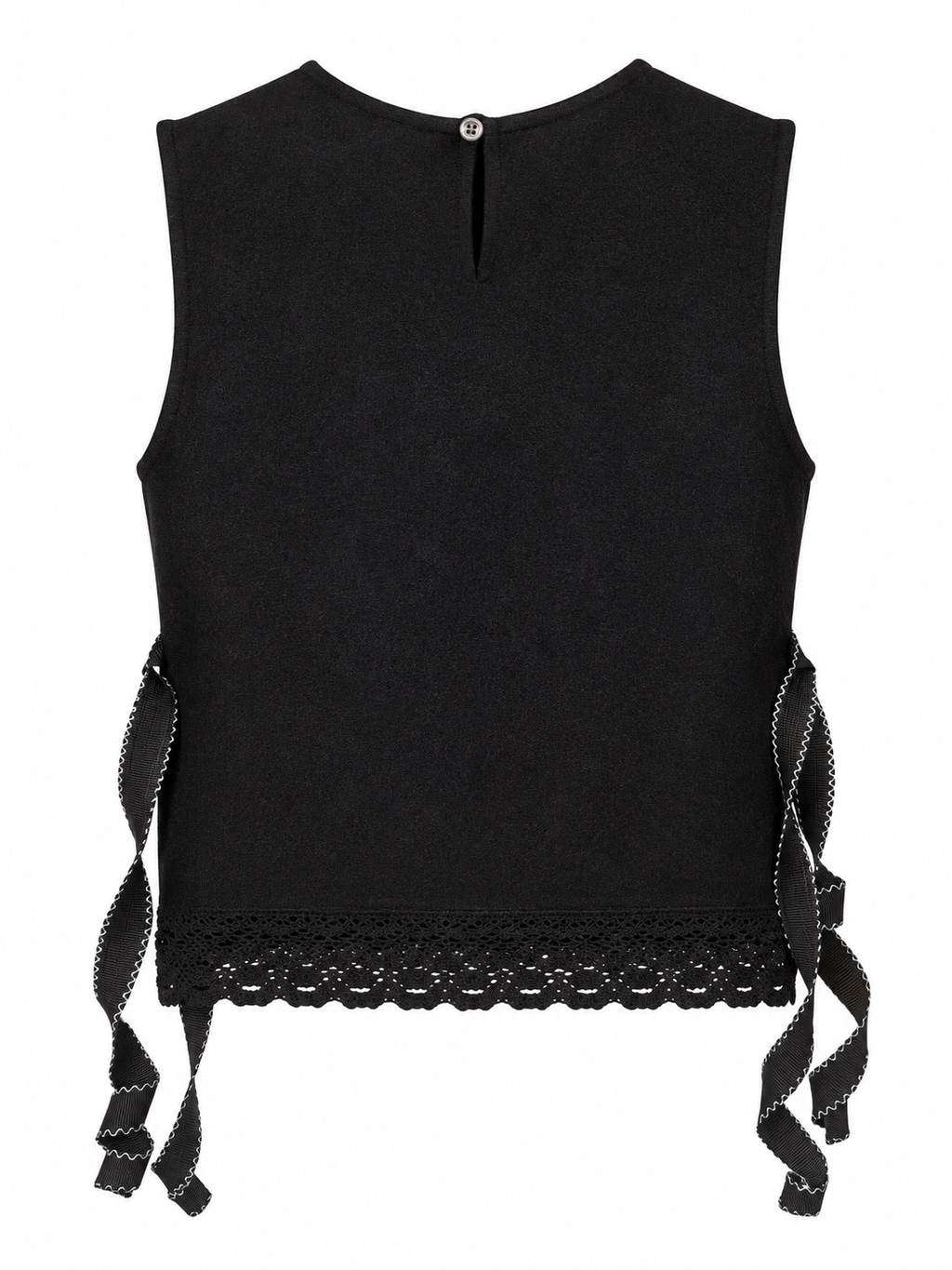 Evening Primrose dark vest with blush crochet panel and lace hem — back view