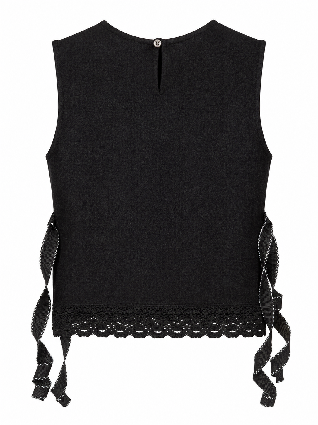 Evening Primrose dark vest with blush crochet panel and lace hem — back view
