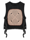 Evening Primrose dark vest with blush crochet panel and lace hem — front view