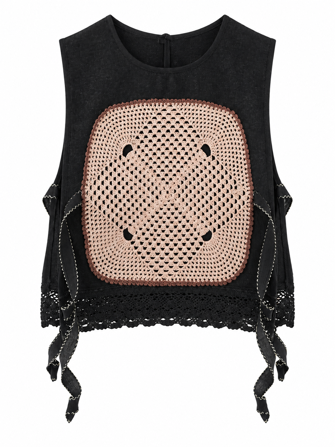 Evening Primrose dark vest with blush crochet panel and lace hem — front view