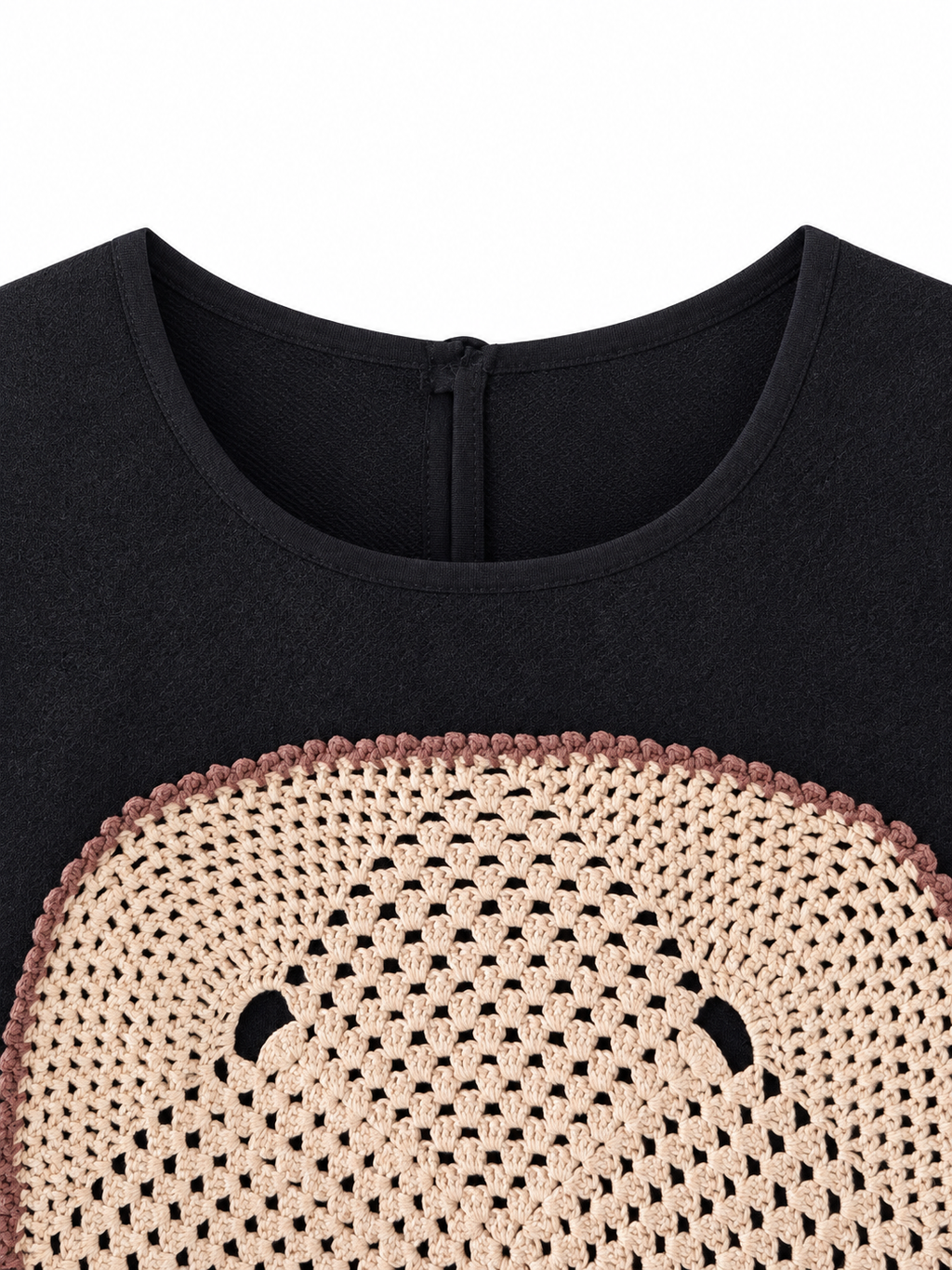 Evening Primrose dark vest with blush crochet panel and lace hem — neckline view