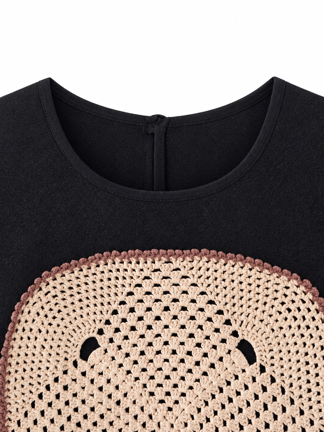 Evening Primrose dark vest with blush crochet panel and lace hem — neckline view