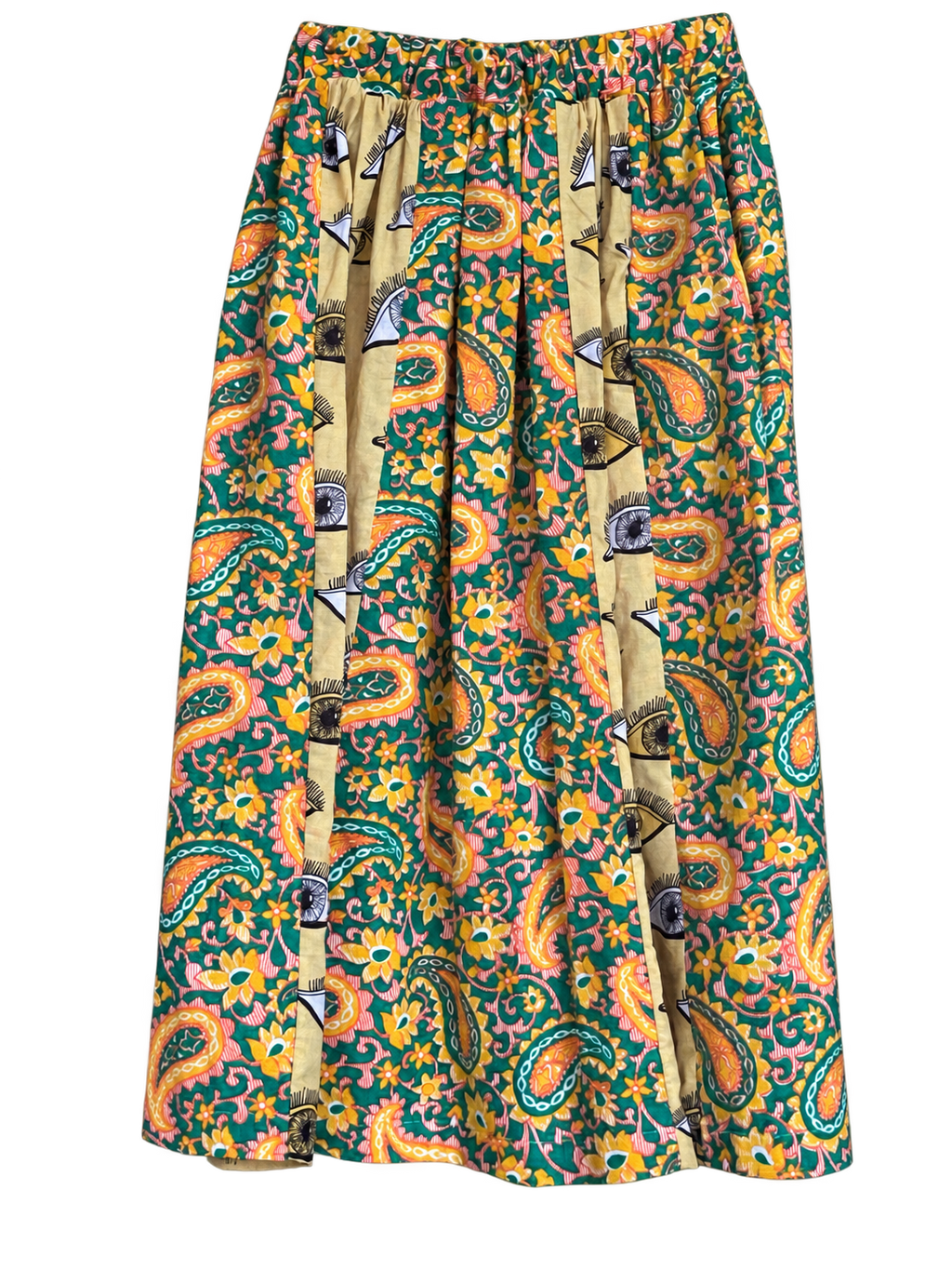 Green paisley and eye-print skirt — full view
