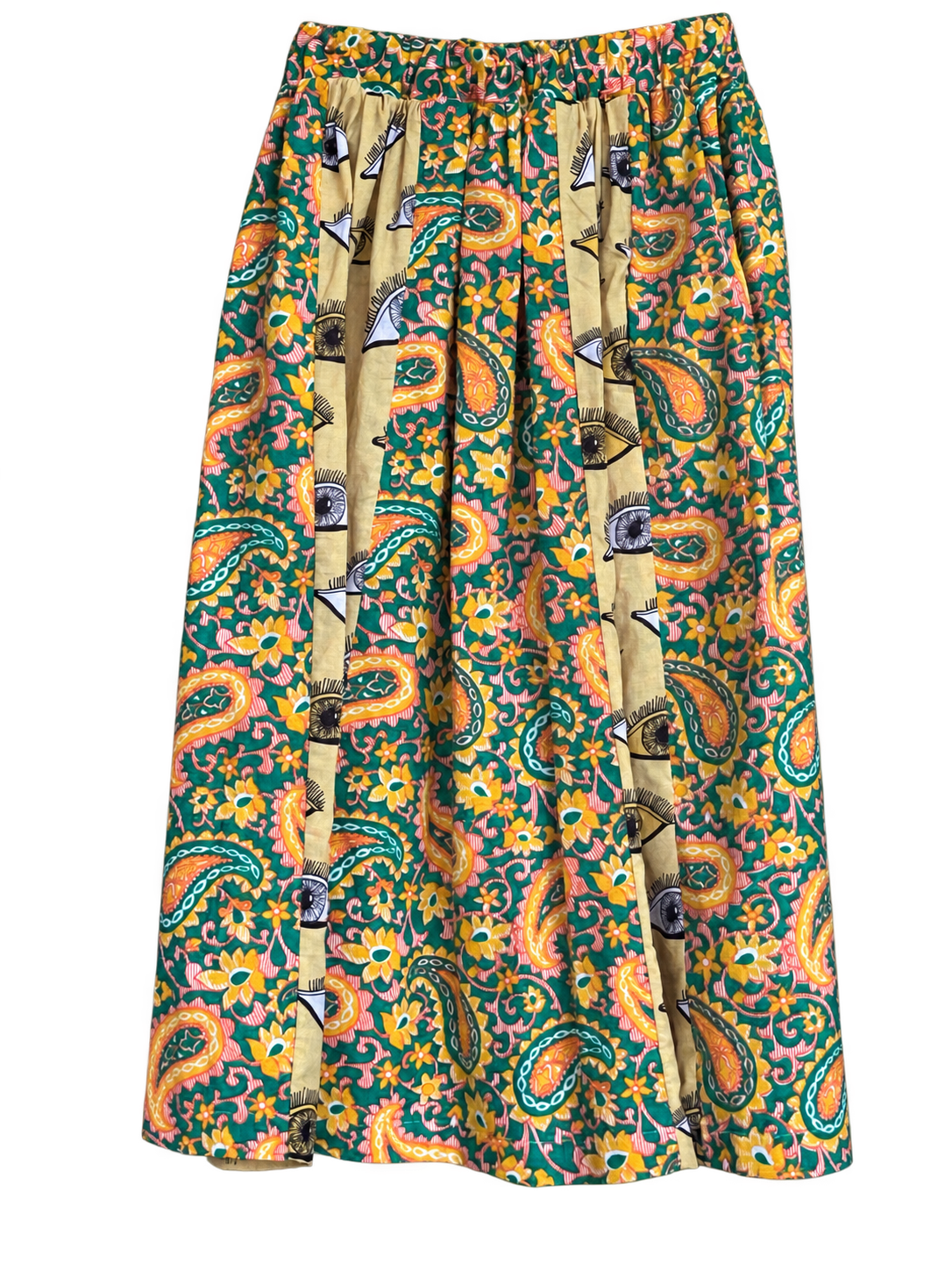 Green paisley and eye-print skirt — full view