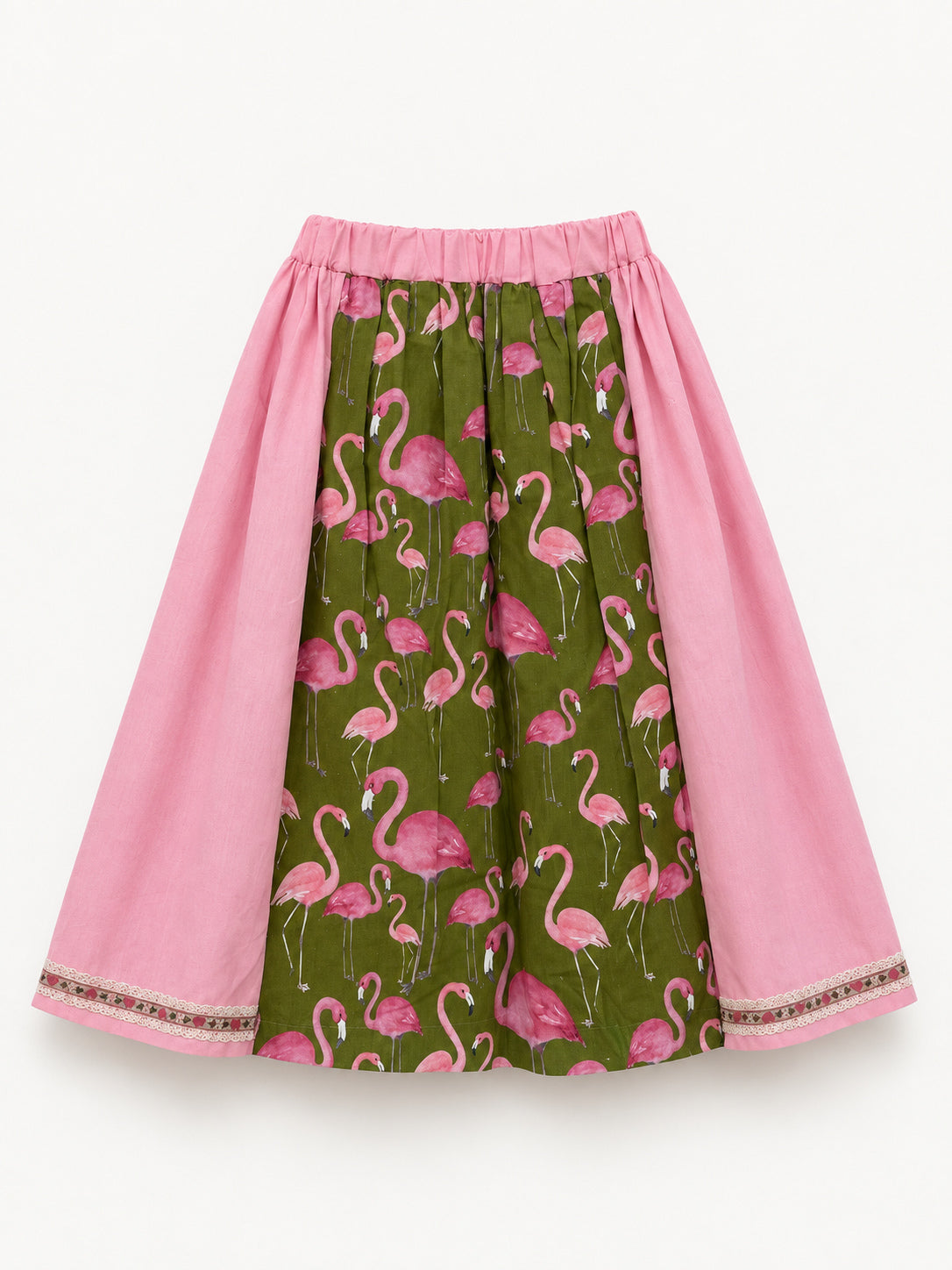 Pink skirt with an olive-green flamingo-print panel and decorative ribbon trim