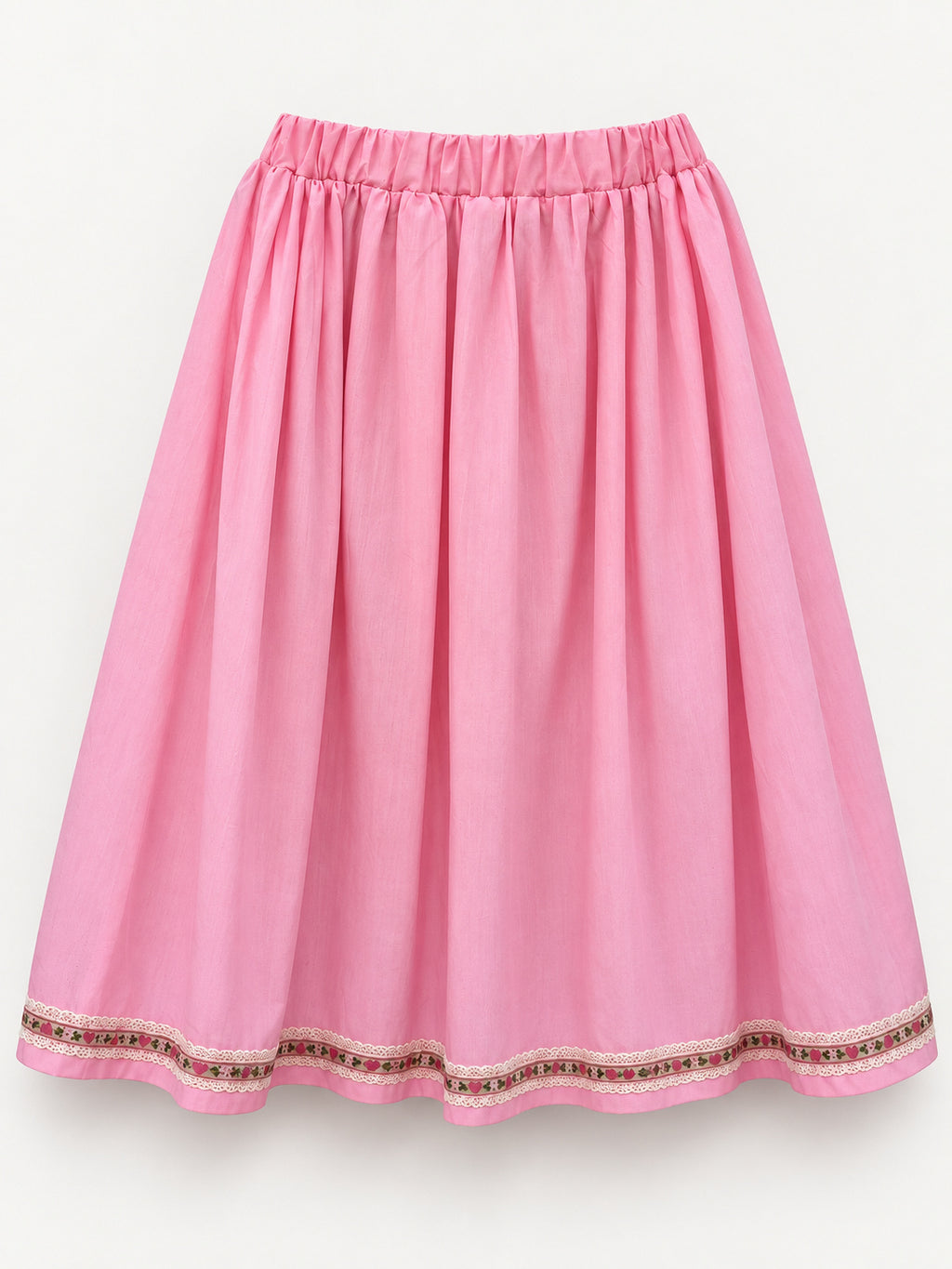 Pink skirt with an olive-green flamingo-print panel and decorative ribbon trim