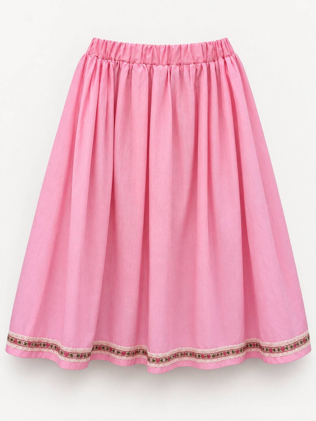 Pink skirt with an olive-green flamingo-print panel and decorative ribbon trim