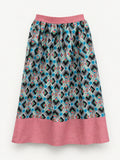 Geometric-print skirt with a raspberry-pink waistband and wide pink linen hem