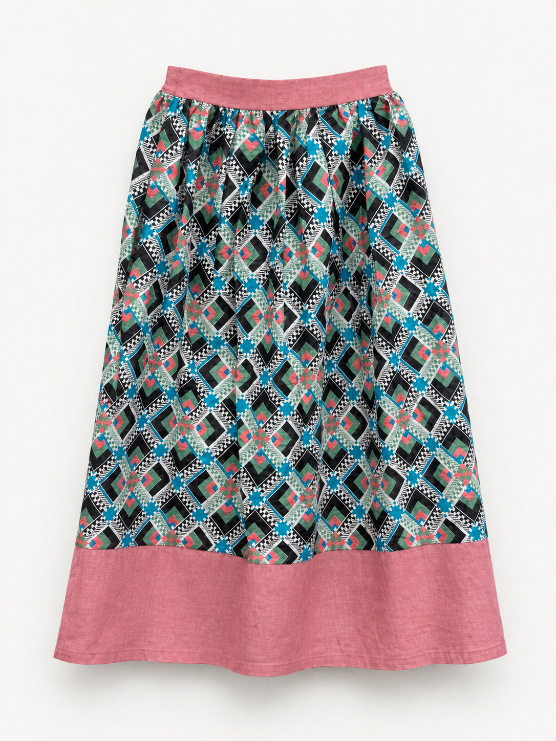 Geometric-print skirt with a raspberry-pink waistband and wide pink linen hem