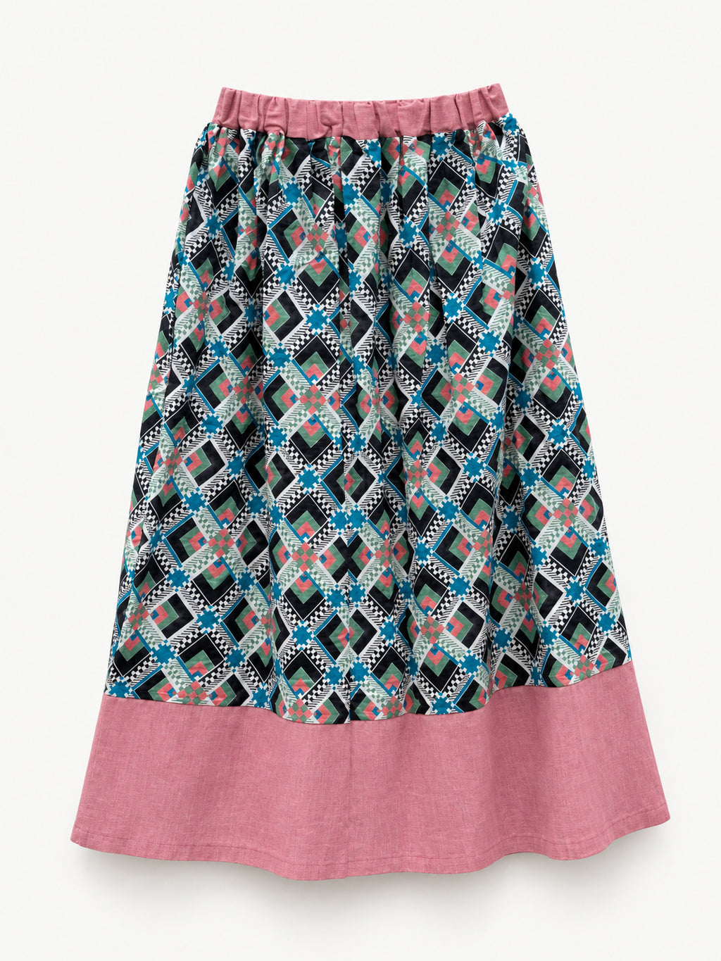 Geometric-print skirt with a raspberry-pink waistband and wide pink linen hem